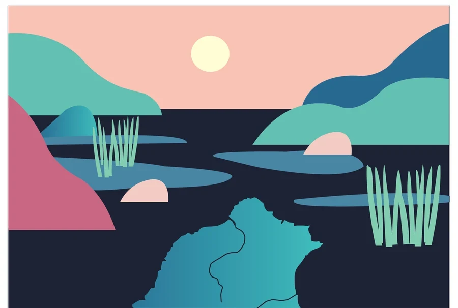 Illustration based on the club banner: the marshland of the Taipei Basin, with pools, wetland plants and the outline of Taiwan